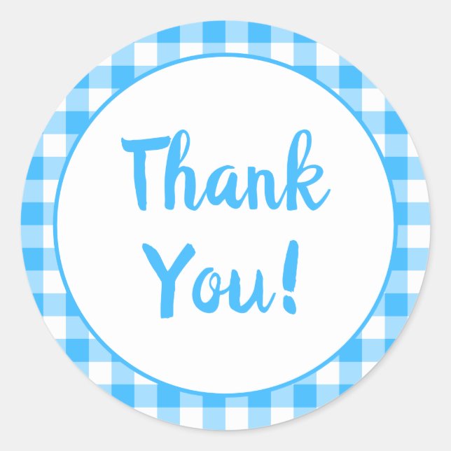 Blue Gingham Thank You Classic Round Sticker (Front)