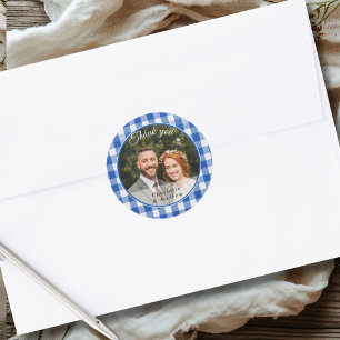 Blue Gingham Thank you Photo Classic Round Sticker