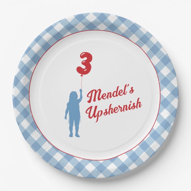 Blue Gingham Upsherin Paper Plates (Front)
