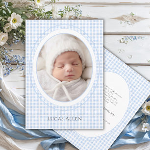 Blue Gingham Vintage Photo Birth Announcement