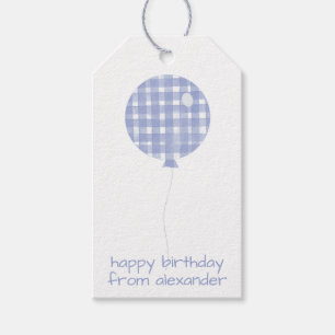 Blue Gingham Watercolor Balloon Gift Tags