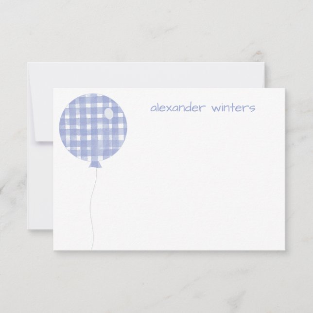 Blue Gingham Watercolor Balloon Note Cards (Front)