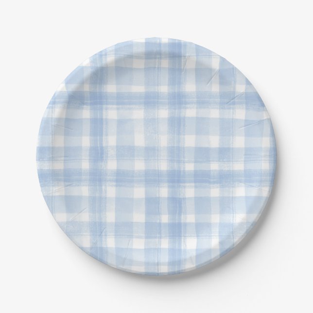Blue Gingham Watercolor Paper Plates (Front)