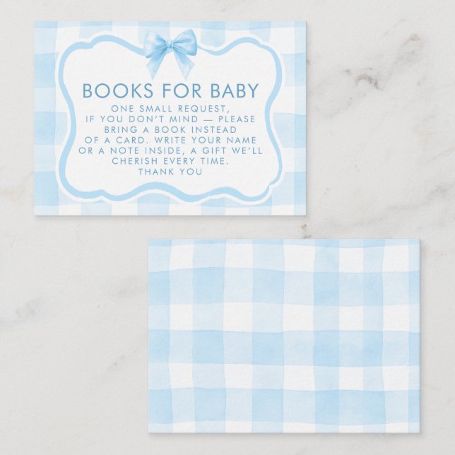 Blue Gingham Wavy Frame Bow Books For Baby Request Enclosure Card (Front/Back)