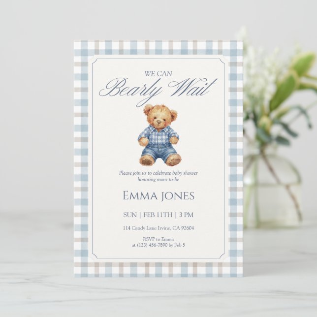 Blue Gingham We Can Bearly Wait baby shower Invitation (Standing Front)
