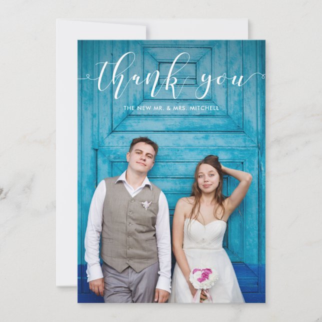 Blue Gingham | Wedding Thank You with Photo Card (Front)