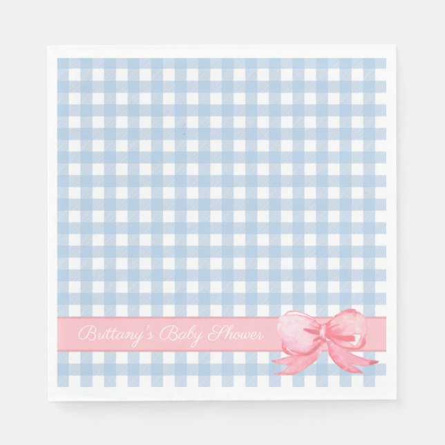 Blue Gingham with Pink Bow Baby Shower Napkins (Front)