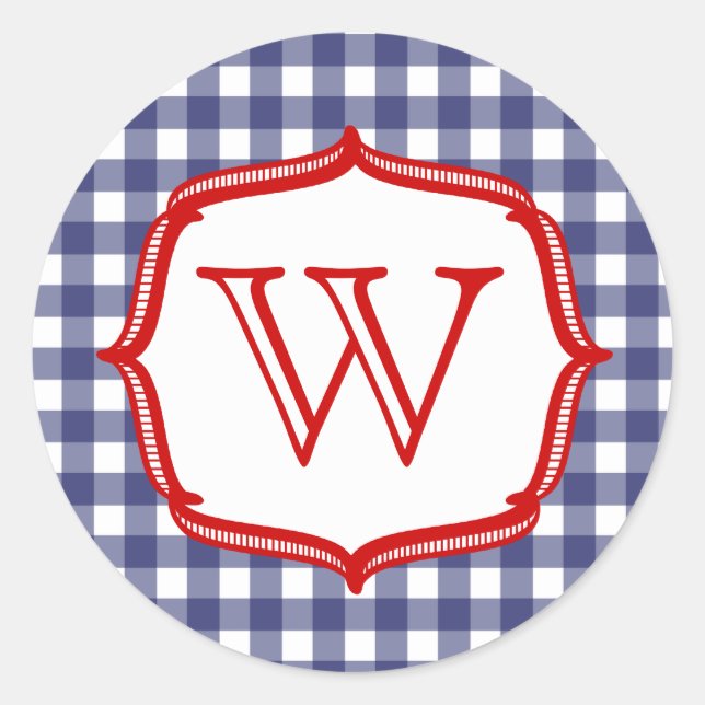 Blue Gingham With Red Monogram Sticker (Front)