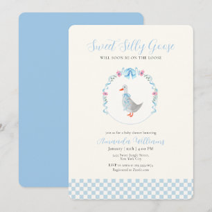 Blue Gingham Woodland Silly Goose Baby Shower Invitation
