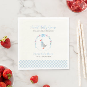 Blue Gingham Woodland Silly Goose Baby Shower Napkin