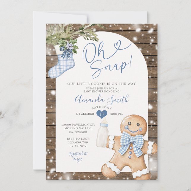 Blue Gingham Woods Oh Snap Christmas Baby Shower Invitation (Front)