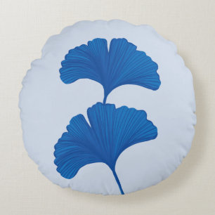 Blue Ginkgo Leaf Customisable Background Colours Round Cushion