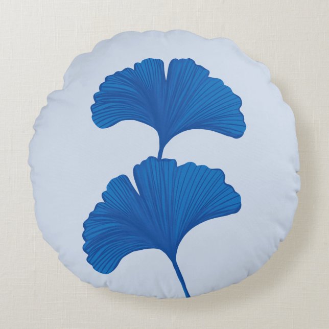 Blue Ginkgo Leaf  Customisable Background Colours  Round Cushion (Front)