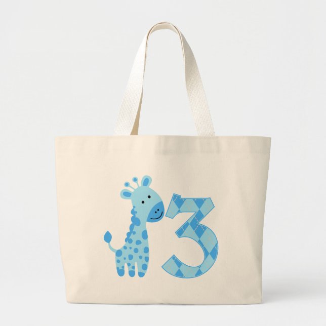 Blue Giraffe 3rd Birthday Large Tote Bag (Front)