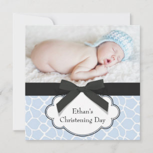 Blue Giraffe Baby Boy Photo Christening Invitation