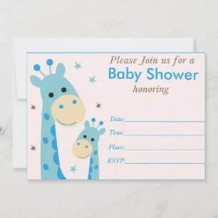 Blue giraffe baby shower invitation