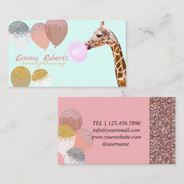 Blue Giraffe Balloons Modern Event Planning  Busin Business Card (Front/Back)