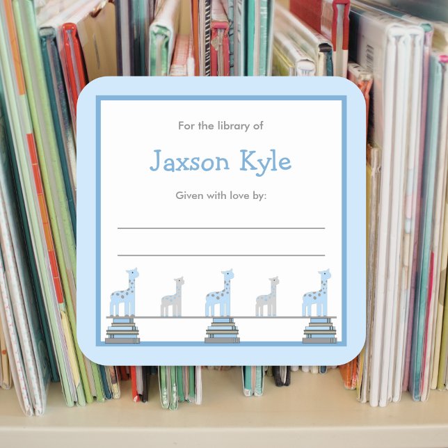 Blue Giraffe Boy Baby Shower Bookplates Square Sticker (Creator Uploaded)