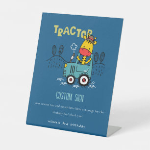 Blue Giraffe Farm Tractor Custom Birthday Party Pedestal Sign