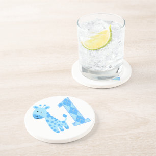 Blue Giraffe First Birthday Coaster