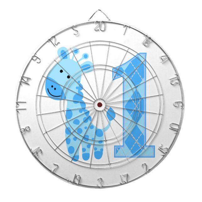 Blue Giraffe First Birthday Dartboard (Front)