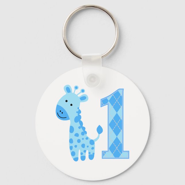 Blue Giraffe First Birthday Key Ring (Front)