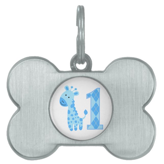 Blue Giraffe First Birthday Pet Name Tag (Front)