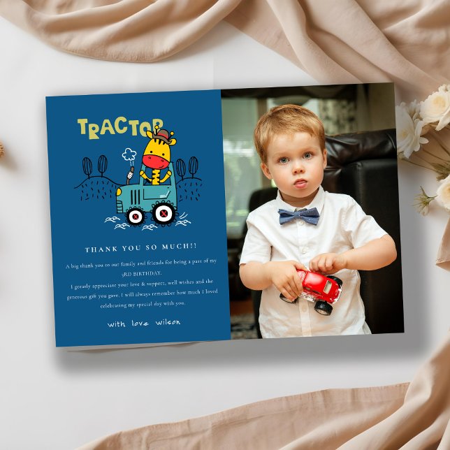 Blue Giraffe In Farm Tractor Boys Photo Birthday Thank You Card (Creator Uploaded)