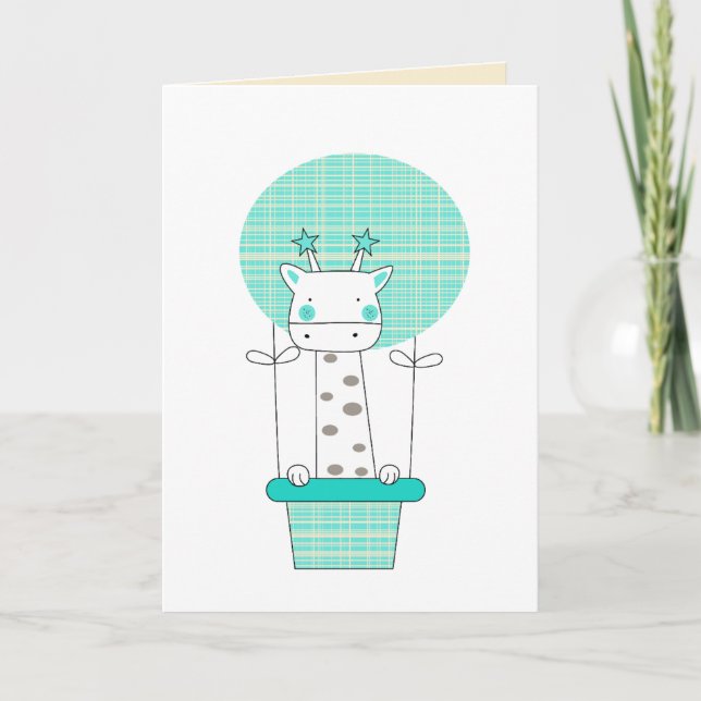 Blue Giraffe in Hot Air Balloon Boy 1st Birthday Card (Front)