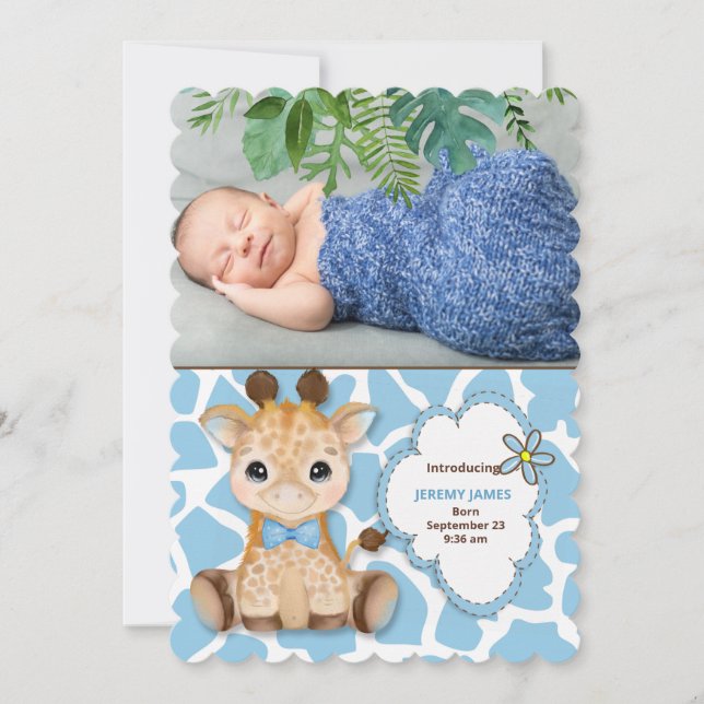 Blue Giraffe Jungle Theme Baby  Announcement (Front)