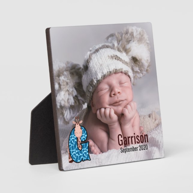 Blue Giraffe Letter G Baby's Photo Plaque (Front)