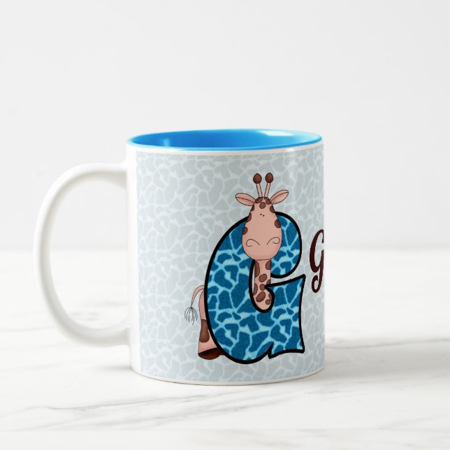 Blue Giraffe Monogram Letter G and Name Two-Tone Coffee Mug (Left)