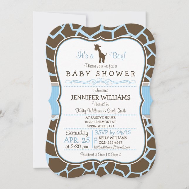 Blue Giraffe Print Boy Baby Shower Invitation (Front)