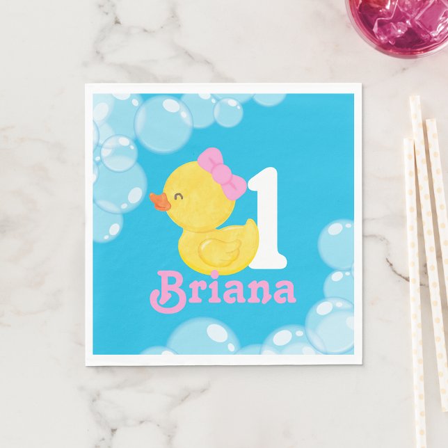 Blue Girl Rubber Duck Personalised Birthday Napkin (Blue Girl Rubber Duck Personalized Birthday Napkins)