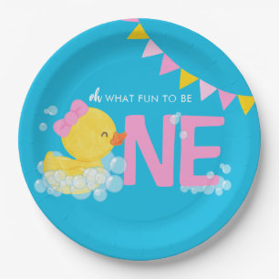 Blue Girl Watercolor Duck ONE 1st Birthday Paper Plate