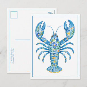 Blue Girly Floral Lobster Personalised Postcard