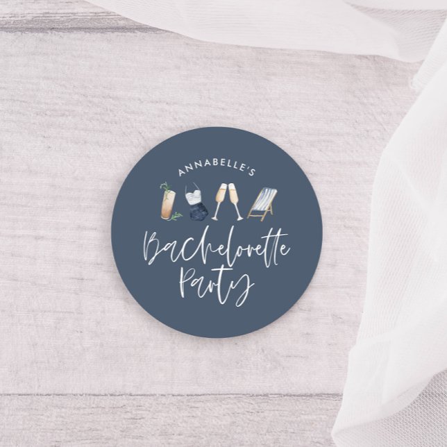 Blue girly modern champagne script bachelorette classic round sticker (Creator Uploaded)