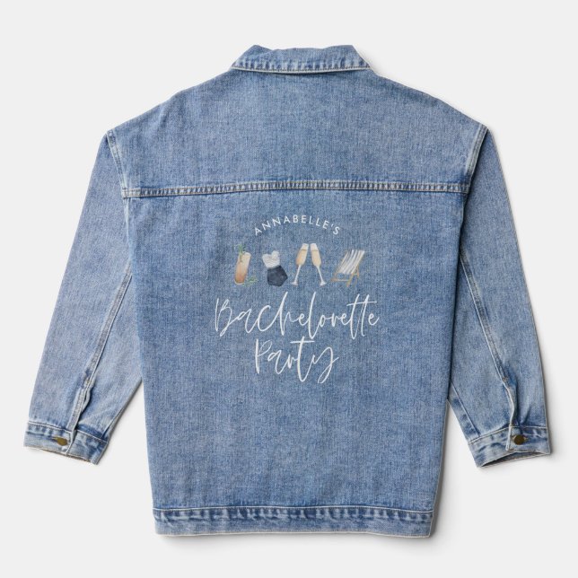 Blue girly modern champagne script bachelorette denim jacket (Back)
