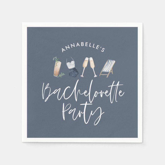 Blue girly modern champagne script bachelorette napkin (Front)