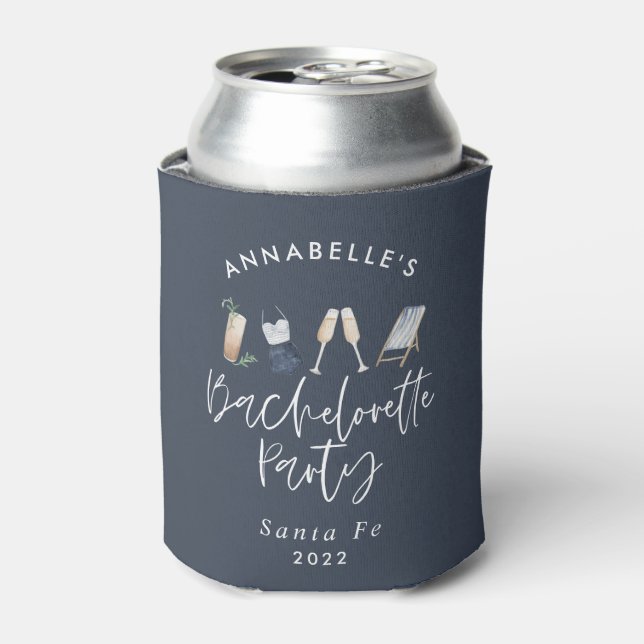 Blue girly modern cocktail script bachelorette can cooler (Can Front)