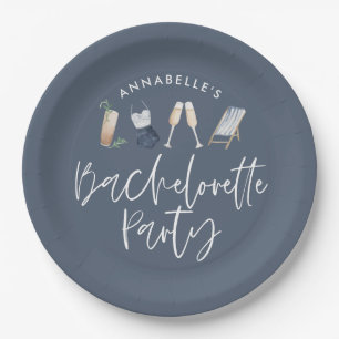 Blue girly modern cocktail script bachelorette paper plate