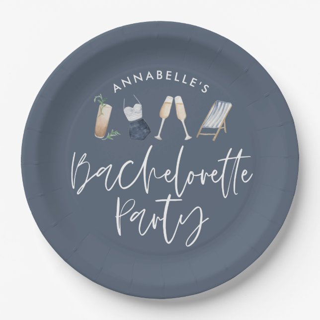 Blue girly modern cocktail script bachelorette paper plate (Front)
