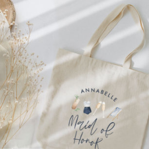 Blue girly modern cocktail script maid of honour tote bag