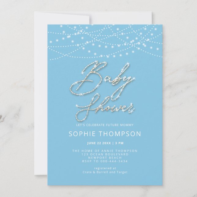 Blue Glam Calligraphy Rustic Light Boy Baby Shower Invitation (Front)