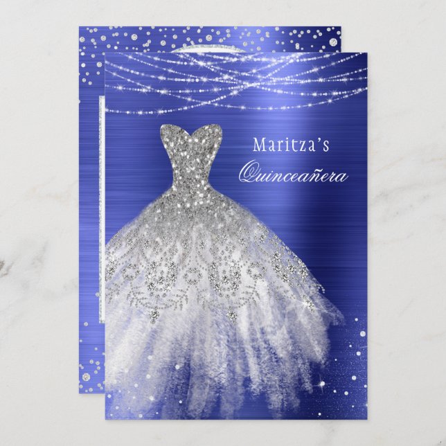 Blue Glam Diamond Sparkle Quinceañera Invitation (Front/Back)