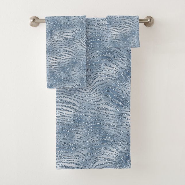 Blue Glam Glitter Zebra Print Bath Towel Set (Insitu)