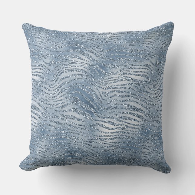 Blue Glam Glitter Zebra Print Cushion (Front)