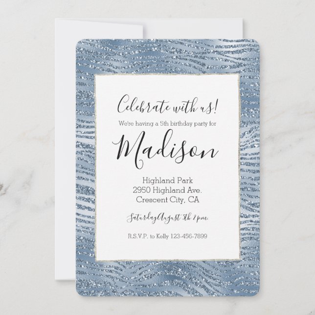 Blue Glam Glitter Zebra Print Invitation (Front)