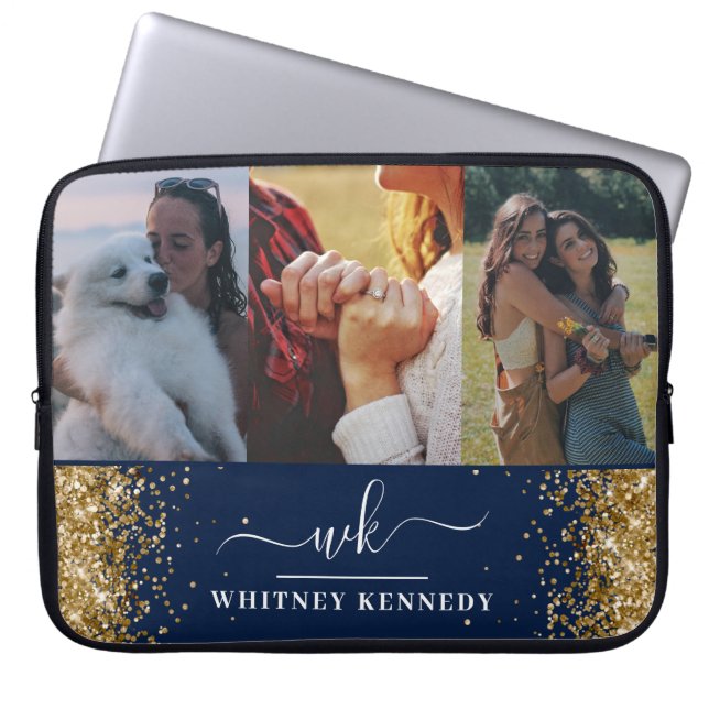 Blue Glam Gold Glitter 3 Photo Collage Monogrammed Laptop Sleeve (Front)