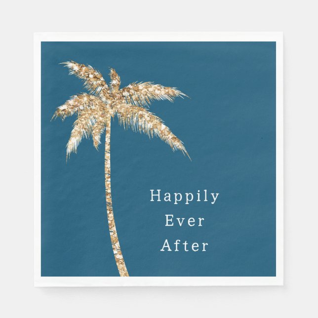 Blue Glam Gold Glitter Palm Tree Napkin (Front)